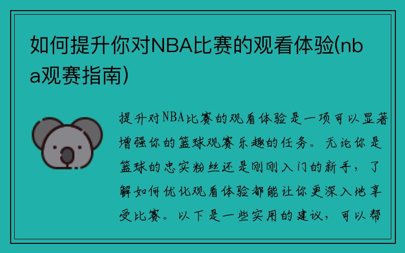 如何提升你对NBA比赛的观看体验(nba观赛指南)