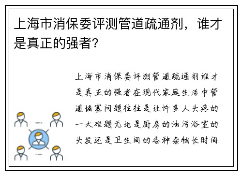 上海市消保委评测管道疏通剂，谁才是真正的强者？